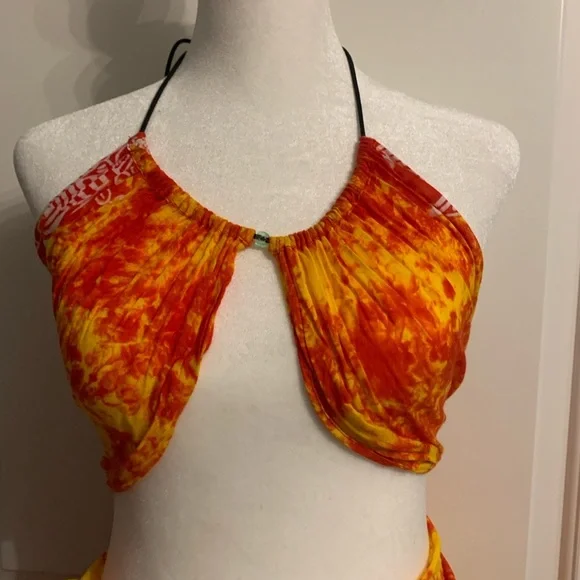 Bikini Top & Long Sarong Wrap Skirt, One Size, Orange, White & Yellow Color, EUC - Picture 7 of 10